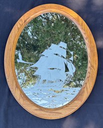Mid-Century Nautical Etched Glass Clipper Ship Oval Oak Wall Mirror