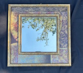 Vintage Square Artistic Wall Mirror With Gold Gilt Beaded Frame & Textured Multi-Color Panels