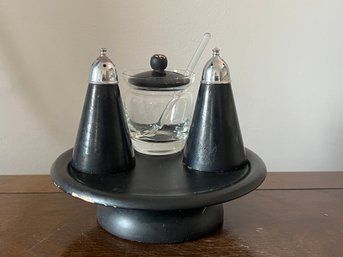 Rainbow Wood Products Mid-Century Modern Matte Black Condiment Set With Rotating Lazy Susan Base