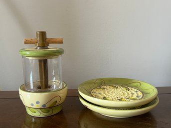 Grater Plater Mediterranean-style Ceramic Herb Mill And Two Grater Plates - 3pcs