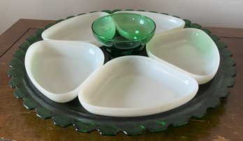 Mid-Century Forest Green And Milk Glass Lazy Susan  Relish Service Set - 7pcs