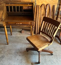 Vintage Oak Roll-Top Desk & Matching Slated Swivel Office Chair. 2 Pcs