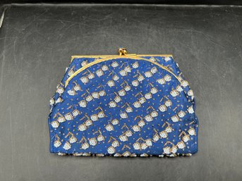 Duizend-Gans Paris Beaded Blue Satin Coin Purse Clutch