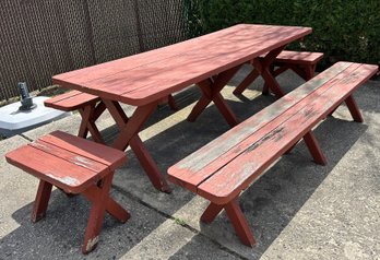 Classic Cross-leg Wooden Picnic Table Set With Two Long Benches And Two Matching End Benches