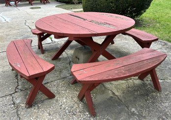 Classic-style Circular Wooden Picnic Table Set With Four Curved Benches