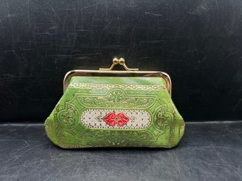 Italian Green Tooled Leather Clasp Coin Purse Cosmetic Pouch Made In Venice