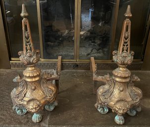 Heavy Brass Fireplace Andirons With Lion Mask And Obelisk Finials - Pair