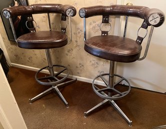 Industrial Modern Brown Faux Leather And Chrome Bar Stools - Set Of 2