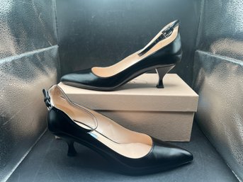 Prada Black Leather Pointed Toe Ankle Strap Kitten Heels Size 40