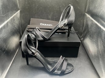 Chanel Black Satin Crystal-Embellished Ankle Strap Sandals 39.5 With Box & Dust Bag
