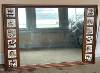 Vintage Wood Wall Mirror With Rustic Frontier-themed Ceramic Tiles Flanking The Glass
