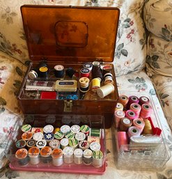 1970s Wil-Hold Amber Brown Plastic Sewing Craft Box  With Thread Collection