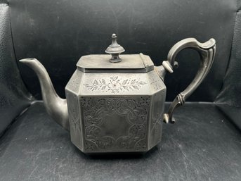Antique Victorian Superior Electro Plate Octagonal Teapot With Engraved Floral Details