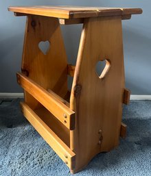 Farmhouse Style Honey Pine Magazine Rack Side Table With Heart Cut-Outs