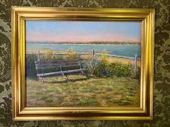 Susanne Corbelletta Original Coastal Landscape Park Bench Oil Painting Gold Framed