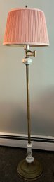 Vintage Brass & Porcelain Floor Lamp With Pink Pleated Shade