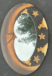 Vintage 1990s Hand-Painted Celestial Crescent Moon & Stars Wooden Wall Mirror