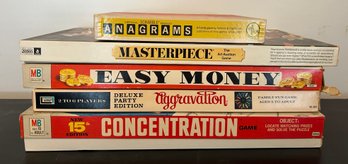 Assorted Vintage Board Games: Scrabble, Masterpiece, Easy Money, Aggravation, Concentration, 5 Games