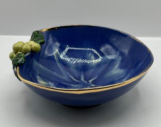 Vintage Cobalt Blue Ceramic Grape Handle Trinket Serving Bowl Gold Trim