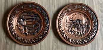 Embossed Copper Pioneer & Village Well Wall Hanging Plates - Pair Of 2