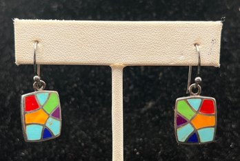 Sterling Silver Colorful Mosaic Geometric Dangle Earrings - 0.19 OZT