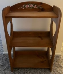 Vintage Country Pine Three-Tier Floor Shelf With Heart Cutouts And Hand-Painted Floral Crest
