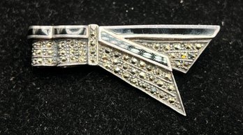 Art Deco Sterling Silver Marcasite & Black Enamel Bow Brooch  - 0.49 O