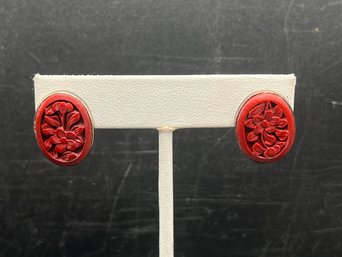 Carved Cinnabar Style Oval Floral Stud Earrings
