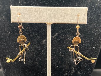 Two-Tone Mixed Metal Ice Hockey Player Dangle Earrings