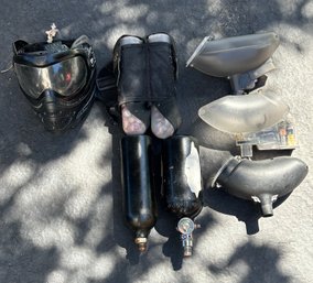 Assorted Paintball Gear: Full-face Mask, Pod Pack With Pods, Tanks, And Loaders