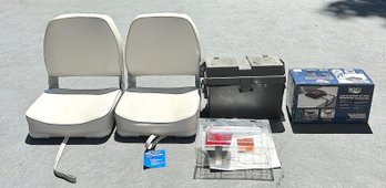 Assorted Boat Accessories: Boat Seats, Swivl-Eze Mount, Battery Box, And Marine Hardware
