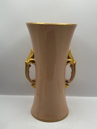 Art Deco Pink Porcelain Double-Handled Vase With Gold Trim