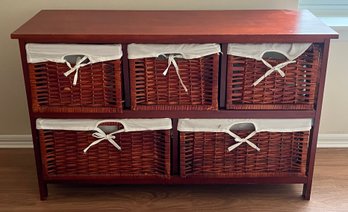 Cherry Finish Console With 5 Lined Wicker Baskets