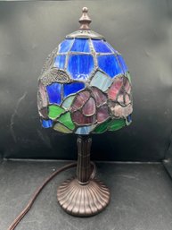 Stained Glass Tiffany-style Accent Lamp Featuring A Blue Dragonfly Shade And Bronze Base