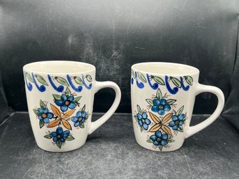 Allied Design Hand-Painted Floral Mugs - Blue & Yellow Ceramic Coffee Cups - 2pcs