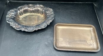 Silver Plated Serving Pieces Including Repousse Bowl And Tray, 2 PCS