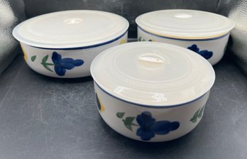 Dansk Indonesia Blue & Yellow Pansy Ceramic Storage Bowls / Ramekins With Lids - 3pcs