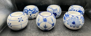 Vintage Blue And White Floral Ceramic Orb Candle Holders - 6 Pcs
