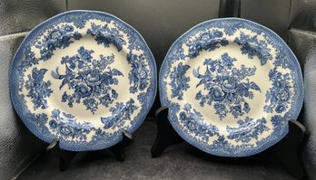 Pair Of Johnson Brothers 'Asiatic Pheasant' Blue Transferware Plates  Vintage English Ironstone Dinnerware