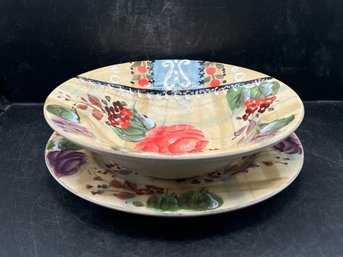 Whimsical Hand-Painted Floral Pasta Bowl And Plate Set  Italian Country Style Ceramic Soup & Salad Stoneware