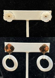 Mother Of Pearl Costume Earrings Flower Studs And Geometric Drops - 2 Pairs