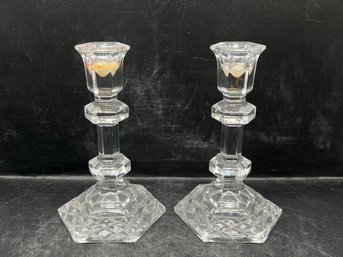 Pair Of Pressed Glass Hexagonal Taper Candlestick Holders