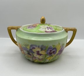 Antique Weimar Germany Porcelain Sugar Bowl Lidded Dish Hand Painted Pansies Gold Trim
