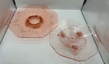 Pink Depression Glass: Lancaster Jubilee Footed Bowl & Floral Etched Octagon Tray, 2 Pcs