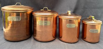 Vintage Copper & Brass Kitchen Canister Nesting Set, Flour, Sugar, Coffee & Tea, 4 Pcs