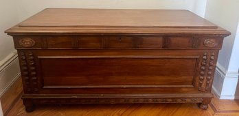Wooden Cedar Chest With Carved Details And Interior Tray