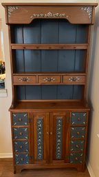 Vintage Two-Piece Hand-Painted Pine Hutch - Country Provincial Style Cupboard