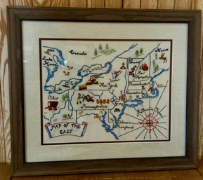Hand-Embroidered Map Of The Eastern United States Framed
