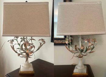 Decorative Floral Metal Table Lamp With Fabric Shade And Stone Base - Set Of 2