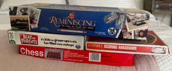 Board Games Including Reminiscing Scrabble Chess And Beat The Parents, Lot Of 4